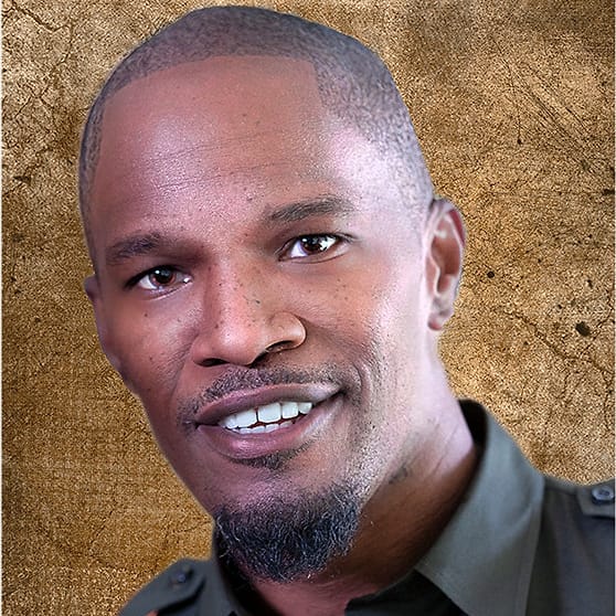 Character portrait of a man in an olive shirt against a gold textured backdrop